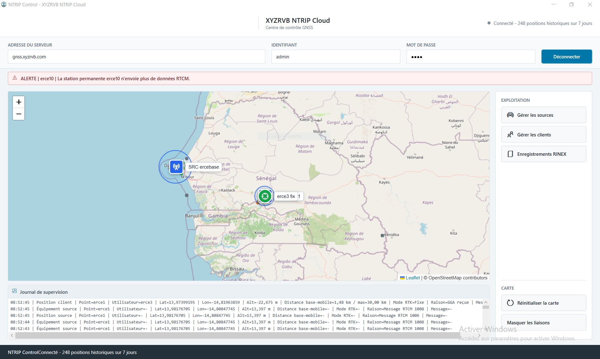 NTRIP Control overview with map, sources, rovers and events